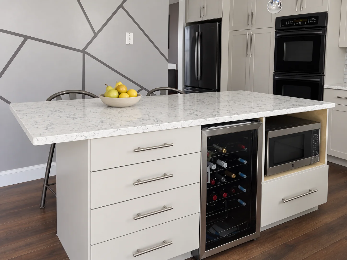 Island drawer fronts with a wine refrigerator and microwave
